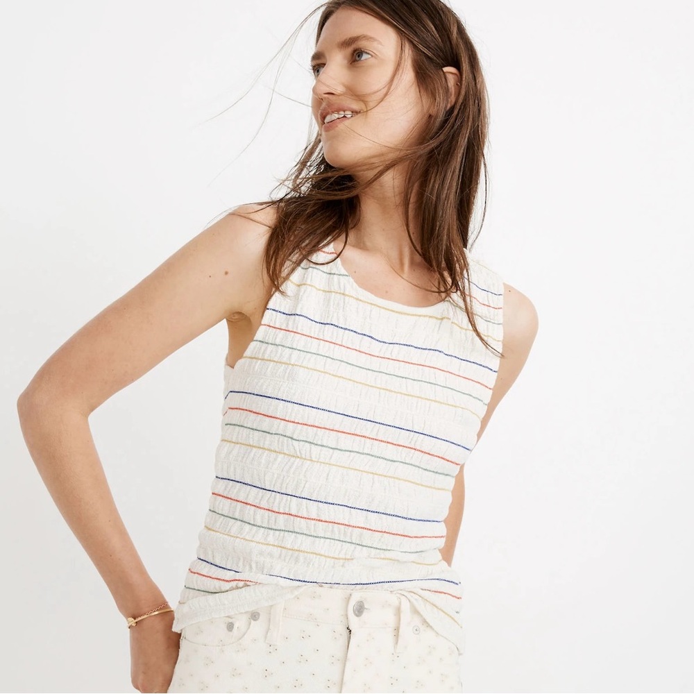NWT Madewell Texture & Thread Rainbow-Stitch Smocked Tank Top in Pearl Ivory L
